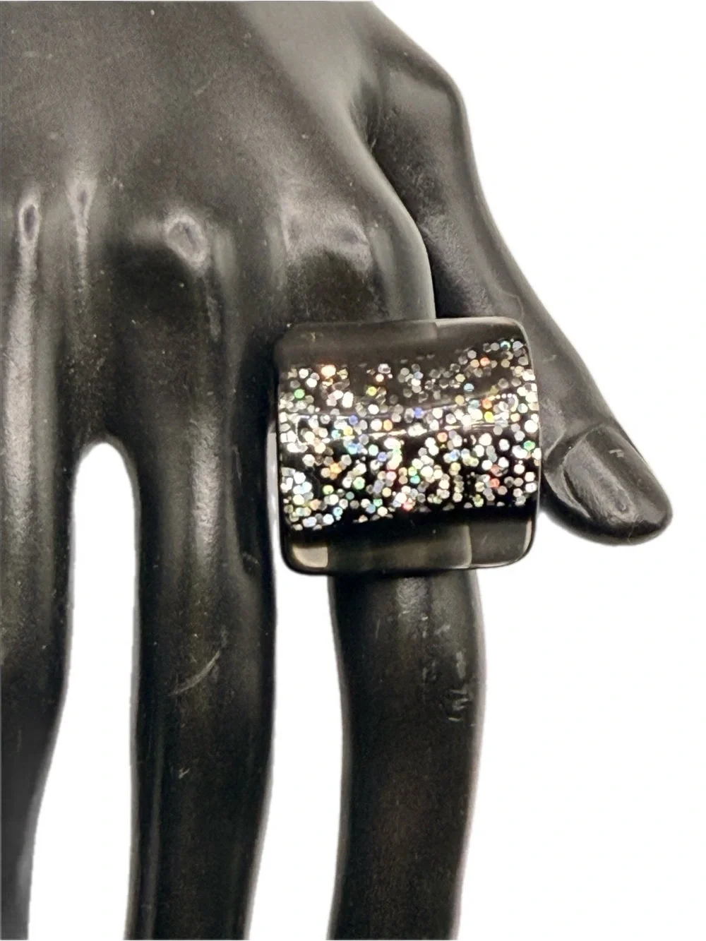 Black Acrylic Sparkle Glitter Square Statement Ring Adjustable